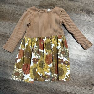 Kate Quinn Girls 18-24 Months Long Sleeve Dress Ribbed Floral Neutral Cotton